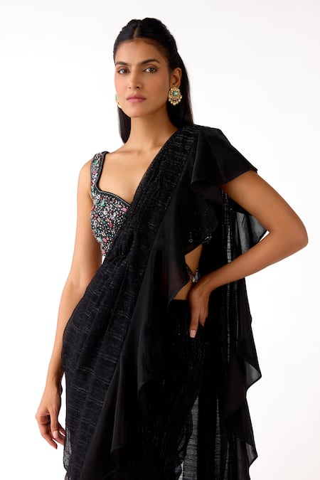 Basanti - Kapde Aur Koffee Black Lycra Stones, Beads, Ruffles Pre-draped Saree With Embroidered Blouse at Aza Fashions Basanti - Kapde Aur Koffee_Black Lycra Stones, Beads, Ruffles Pre-draped Saree With Embroidered Blouse_at_Aza_Fashions
