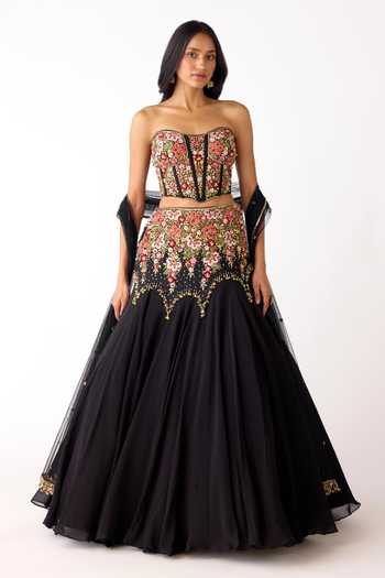 Basanti Kapde aur Koffee_Black Viscose, Organza Embroidery, Sequins, Beads, Floral Corset Lehenga Set _Online_at_Aza_Fashions