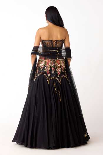 Basanti Kapde aur Koffee Floral Embroidered Corset Lehenga Set 