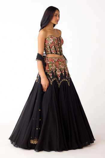 Buy_Basanti Kapde aur Koffee_Black Viscose, Organza Embroidery, Sequins, Beads, Floral Corset Lehenga Set _Online_at_Aza_Fashions