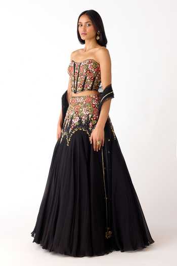 Shop_Basanti Kapde aur Koffee_Black Viscose, Organza Embroidery, Sequins, Beads, Floral Corset Lehenga Set _Online_at_Aza_Fashions