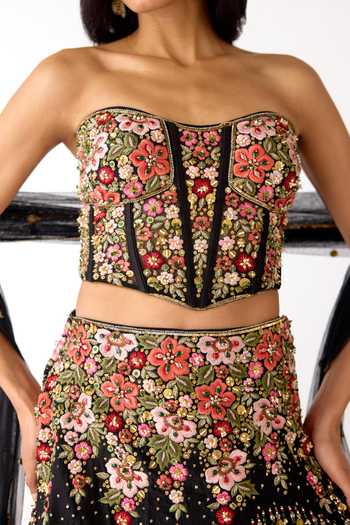 Basanti Kapde aur Koffee_Black Viscose, Organza Embroidery, Sequins, Beads, Floral Corset Lehenga Set _at_Aza_Fashions