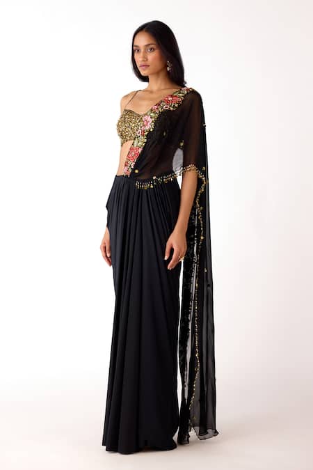 Buy_Basanti Kapde aur Koffee_Gold , Lycra, Georgette Sequins, Pre-draped Saree With Blouse _Online_at_Aza_Fashions