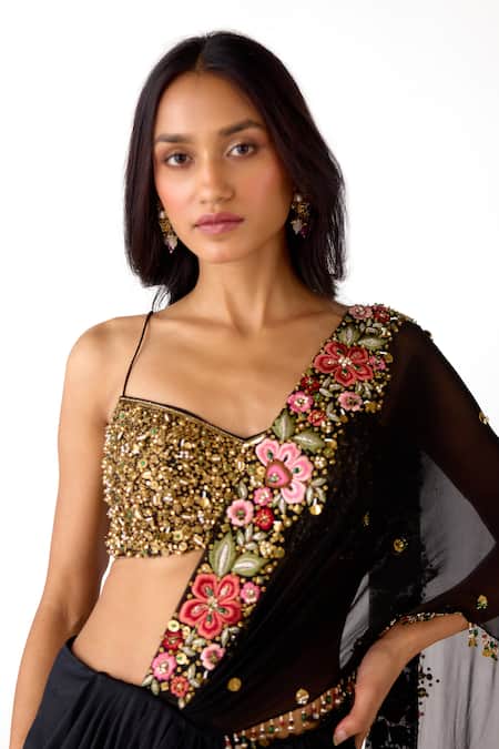 Shop_Basanti Kapde aur Koffee_Gold , Lycra, Georgette Sequins, Pre-draped Saree With Blouse _Online_at_Aza_Fashions