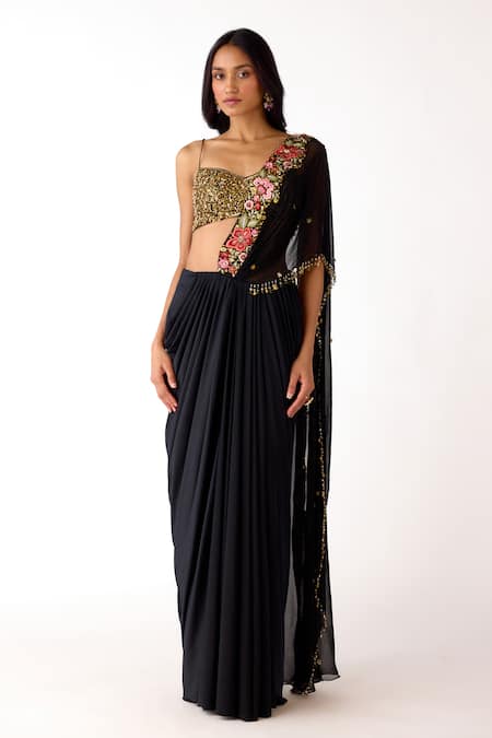 Basanti Kapde aur Koffee_Gold , Lycra, Georgette Sequins, Pre-draped Saree With Blouse _at_Aza_Fashions