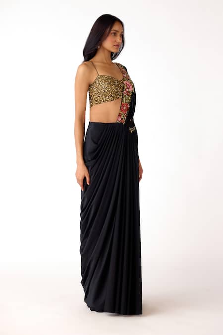 Buy_Basanti Kapde aur Koffee_Gold , Lycra, Georgette Sequins, Pre-draped Saree With Blouse 