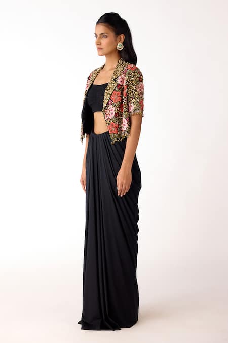Buy_Basanti - Kapde Aur Koffee_Black Viscose, Lycra, Silk Embroidery, Floral Crop Jacket And Draped Skirt Set_Online_at_Aza_Fashions