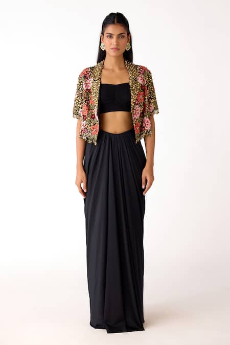 Shop_Basanti - Kapde Aur Koffee_Black Viscose, Lycra, Silk Embroidery, Floral Crop Jacket And Draped Skirt Set_Online_at_Aza_Fashions