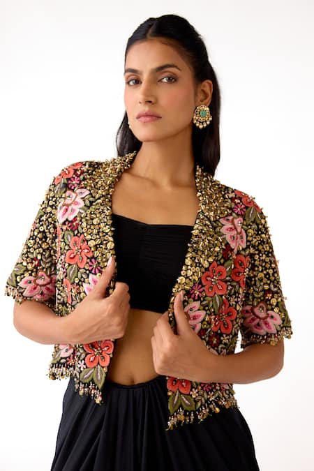 Basanti - Kapde Aur Koffee_Black Viscose, Lycra, Silk Embroidery, Floral Crop Jacket And Draped Skirt Set_at_Aza_Fashions