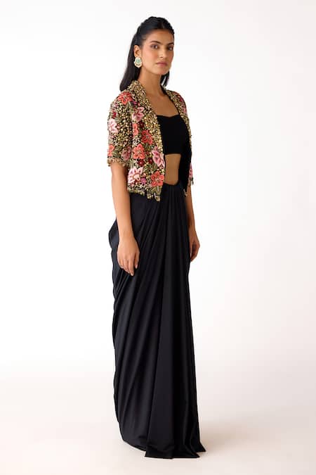 Buy_Basanti - Kapde Aur Koffee_Black Viscose, Lycra, Silk Embroidery, Floral Crop Jacket And Draped Skirt Set