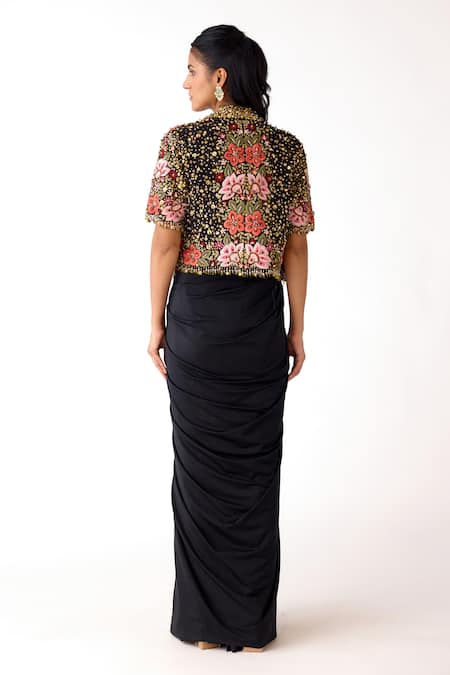 Basanti - Kapde Aur Koffee Floral Embroidered Crop Jacket & Draped Skirt Set 