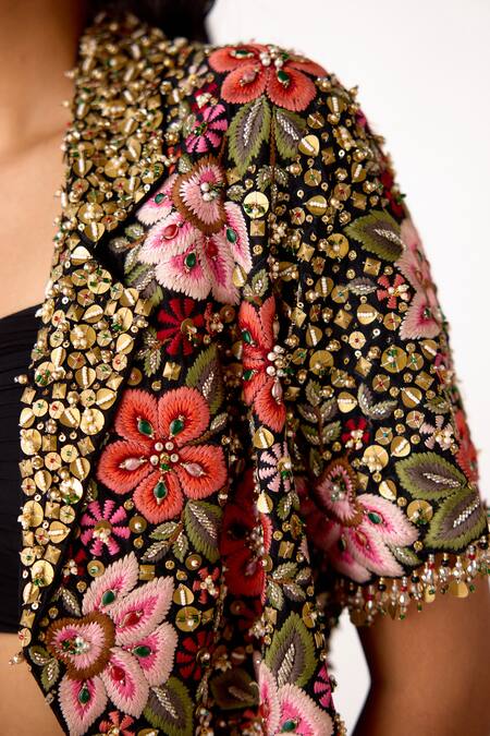 Shop_Basanti - Kapde Aur Koffee_Black Viscose, Lycra, Silk Embroidery, Floral Crop Jacket And Draped Skirt Set