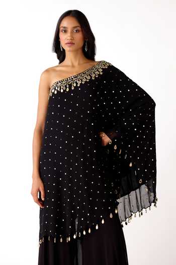 Buy_Basanti Kapde aur Koffee_Black Mukaish, Georgette Mirrors, Zari One Shoulder Cape With Sharara _Online_at_Aza_Fashions