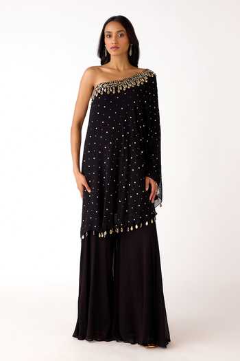 Shop_Basanti Kapde aur Koffee_Black Mukaish, Georgette Mirrors, Zari One Shoulder Cape With Sharara _Online_at_Aza_Fashions