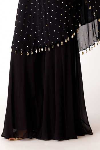Basanti Kapde aur Koffee_Black Mukaish, Georgette Mirrors, Zari One Shoulder Cape With Sharara _at_Aza_Fashions