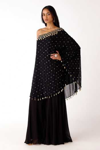 Buy_Basanti Kapde aur Koffee_Black Mukaish, Georgette Mirrors, Zari One Shoulder Cape With Sharara 