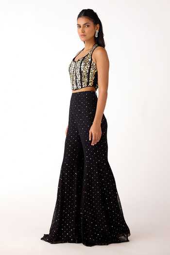 Buy Basanti Kapde aur Koffee Black Mukaish, Georgette Mirrors, Zari, Embroidery Work Corset And Sharara Set Online at Aza Fashions Buy_Basanti Kapde aur Koffee_Black Mukaish, Georgette Mirrors, Zari, Embroidery Work Corset And Sharara Set _Online_at_Aza_Fashions