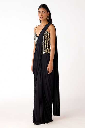 Basanti Kapde aur Koffee_Black Lycra Mirrors, Zari, Embroidery Pre-draped Saree With Work Blouse _Online_at_Aza_Fashions