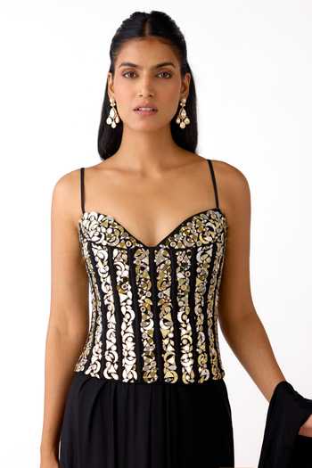 Buy_Basanti Kapde aur Koffee_Black Lycra Mirrors, Zari, Embroidery Pre-draped Saree With Work Blouse _Online_at_Aza_Fashions