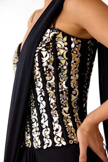Shop_Basanti Kapde aur Koffee_Black Lycra Mirrors, Zari, Embroidery Pre-draped Saree With Work Blouse _Online_at_Aza_Fashions
