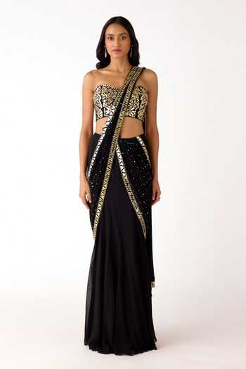 Buy Basanti Kapde aur Koffee Black Mukaish, Georgette Mirrors, Zari, Pre-draped Saree With Work Blouse Online at Aza Fashions Buy_Basanti Kapde aur Koffee_Black Mukaish, Georgette Mirrors, Zari, Pre-draped Saree With Work Blouse _Online_at_Aza_Fashions