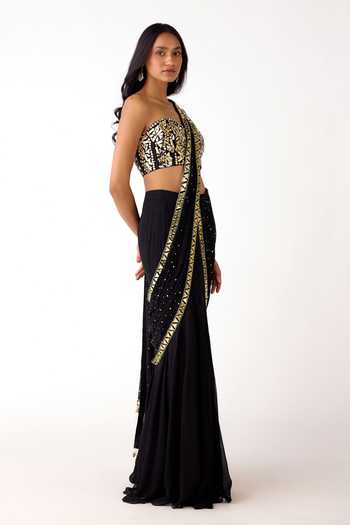 Shop Basanti Kapde aur Koffee Black Mukaish, Georgette Mirrors, Zari, Pre-draped Saree With Work Blouse Online at Aza Fashions Shop_Basanti Kapde aur Koffee_Black Mukaish, Georgette Mirrors, Zari, Pre-draped Saree With Work Blouse _Online_at_Aza_Fashions