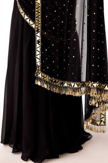 Basanti Kapde aur Koffee Black Mukaish, Georgette Mirrors, Zari, Pre-draped Saree With Work Blouse at Aza Fashions Basanti Kapde aur Koffee_Black Mukaish, Georgette Mirrors, Zari, Pre-draped Saree With Work Blouse _at_Aza_Fashions
