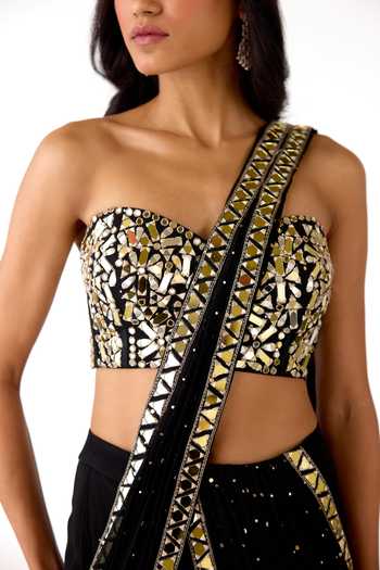 Buy Basanti Kapde aur Koffee Black Mukaish, Georgette Mirrors, Zari, Pre-draped Saree With Work Blouse Buy_Basanti Kapde aur Koffee_Black Mukaish, Georgette Mirrors, Zari, Pre-draped Saree With Work Blouse
