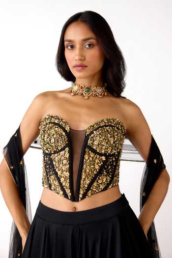 Buy Basanti Kapde aur Koffee Black Viscose, Lycra, Net Sequins Sweetheart Neck Embellished Corset Lehenga Set Online at Aza Fashions Buy_Basanti Kapde aur Koffee_Black Viscose, Lycra, Net Sequins Sweetheart Neck Embellished Corset Lehenga Set _Online_at_Aza_Fashions