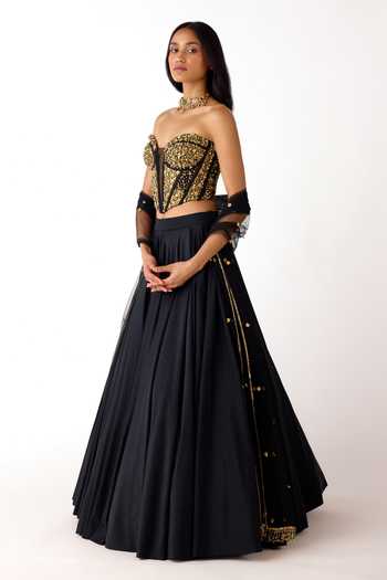 Shop Basanti Kapde aur Koffee Black Viscose, Lycra, Net Sequins Sweetheart Neck Embellished Corset Lehenga Set Online at Aza Fashions Shop_Basanti Kapde aur Koffee_Black Viscose, Lycra, Net Sequins Sweetheart Neck Embellished Corset Lehenga Set _Online_at_Aza_Fashions