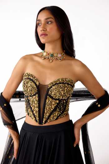 Basanti Kapde aur Koffee Black Viscose, Lycra, Net Sequins Sweetheart Neck Embellished Corset Lehenga Set at Aza Fashions Basanti Kapde aur Koffee_Black Viscose, Lycra, Net Sequins Sweetheart Neck Embellished Corset Lehenga Set _at_Aza_Fashions