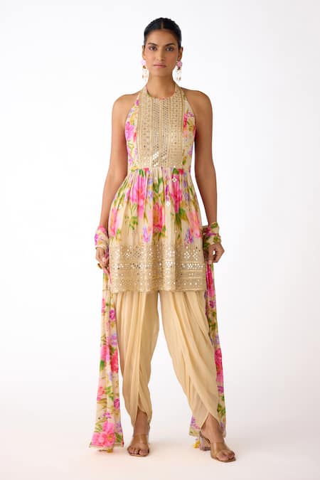 Basanti - Kapde Aur Koffee Embroidered Floral Peplum Kurta Set 