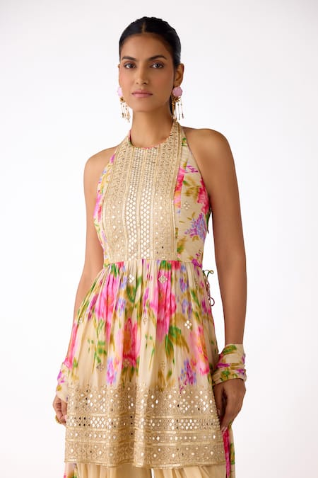 Shop_Basanti - Kapde Aur Koffee_Ivory Chiffon Mirrors, Embroidery Halter Neck Floral Peplum Kurta Set _Online_at_Aza_Fashions