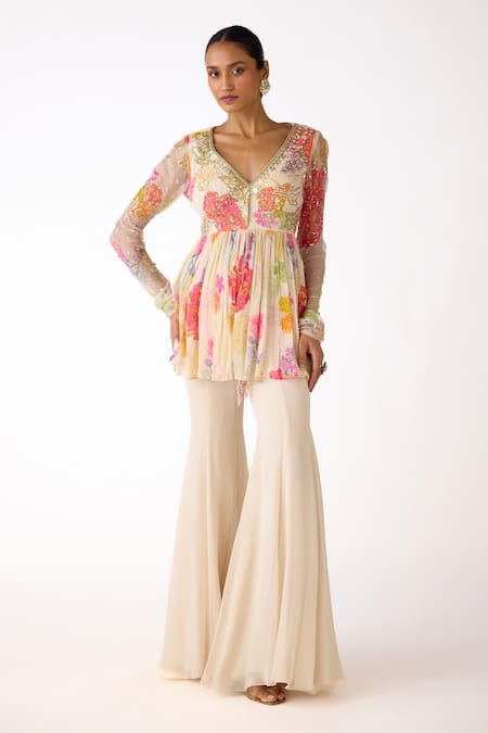 Basanti - Kapde Aur Koffee_Ivory Georgette Pearls, Sequins, Printed And Embroidered Peplum Kurta Sharara Set _Online_at_Aza_Fashions