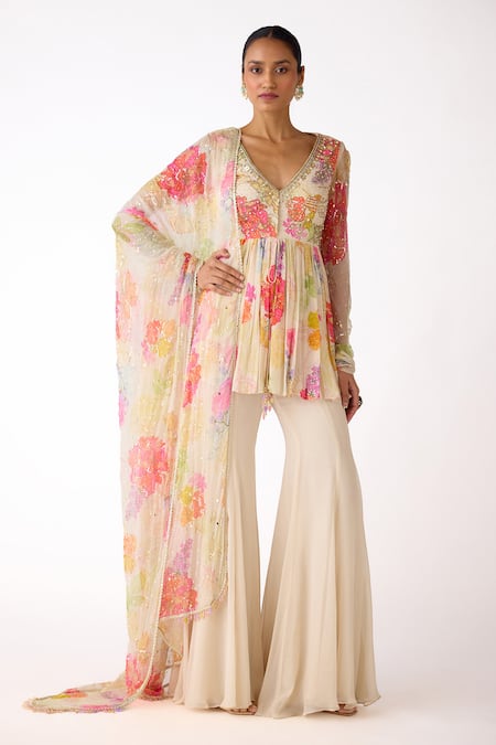 Basanti - Kapde Aur Koffee Printed & Embroidered Peplum Kurta Sharara Set 