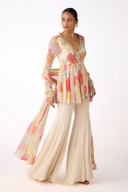 Basanti - Kapde Aur Koffee_Ivory Georgette Pearls, Sequins, Printed And Embroidered Peplum Kurta Sharara Set _at_Aza_Fashions