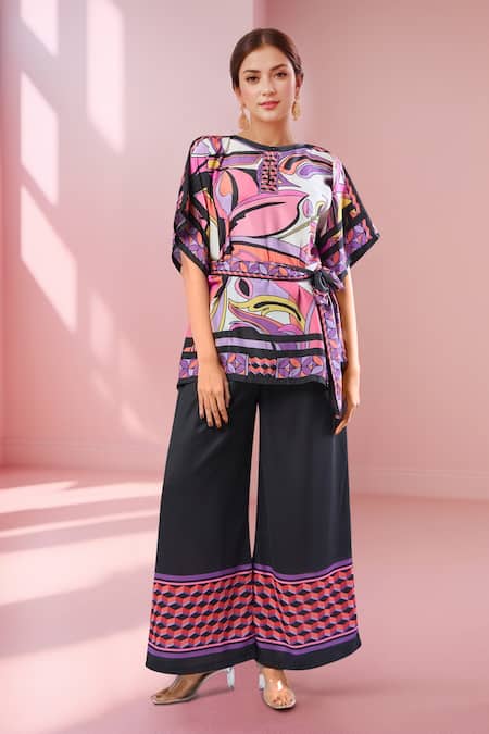 Naintara Bajaj Pink Silk, Crepe Round Neck Graphic Print Co-ord Set 