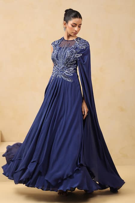 K-Anshika_Blue Crepe Sequins, Beads, Metallic Thread Round Neck Embroidered Saree Gown _Online_at_Aza_Fashions
