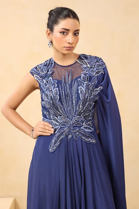 Buy_K-Anshika_Blue Crepe Sequins, Beads, Metallic Thread Round Neck Embroidered Saree Gown _Online_at_Aza_Fashions