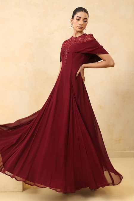 Buy_K-Anshika_Maroon Georgette Sequins, Beads Round Neck Embellished Gown _Online_at_Aza_Fashions