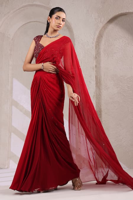 K-Anshika_Red Georgette Sequins, Beads Sweetheart Neck Ombre Pre-draped Saree With Blouse _Online_at_Aza_Fashions