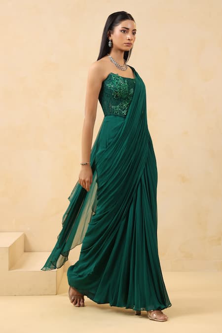 K-Anshika_Green Georgette Sequins, Embroidery, Beads Pre-draped Saree With Corset _Online_at_Aza_Fashions