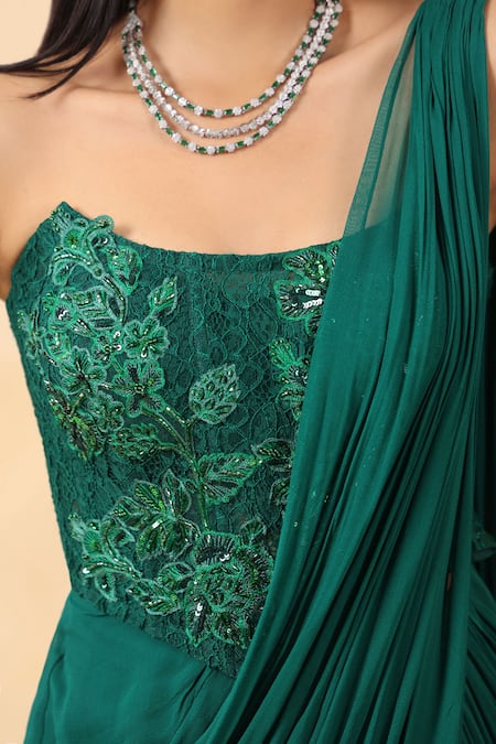 Buy_K-Anshika_Green Georgette Sequins, Embroidery, Beads Pre-draped Saree With Corset _Online_at_Aza_Fashions
