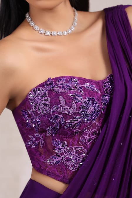 K-Anshika_Purple Georgette Sequins, Beads, Embroidery Pre-draped Saree With Blouse _Online_at_Aza_Fashions