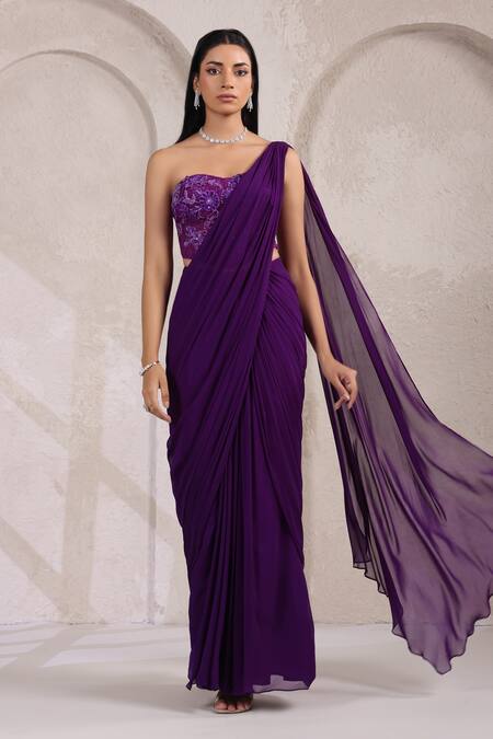 Buy_K-Anshika_Purple Georgette Sequins, Beads, Embroidery Pre-draped Saree With Blouse _Online_at_Aza_Fashions