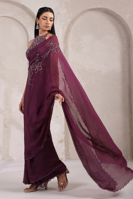 K-Anshika_Wine Organza Sequins, Beads, Embroidery High Neck Graceful Saree With Blouse _Online_at_Aza_Fashions