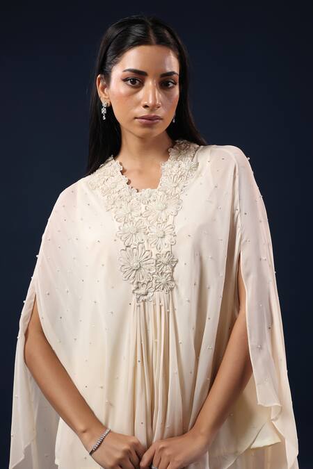 K-Anshika_Off White Georgette Embroidery, Zari, Beads Round Neck Cape Top With Palazzo _Online_at_Aza_Fashions