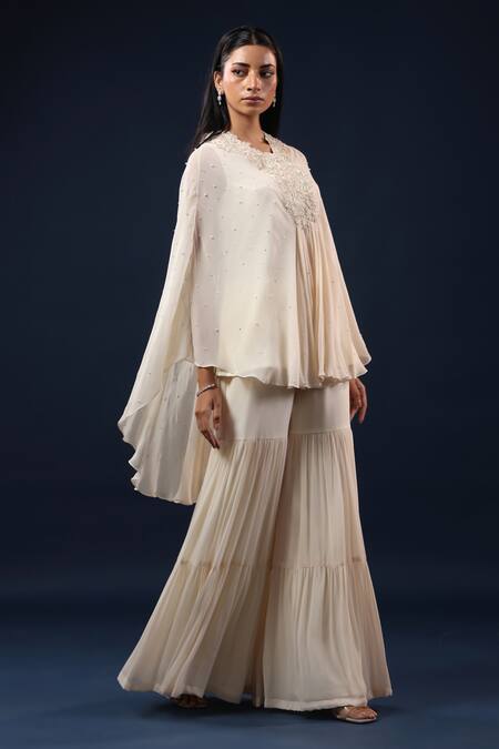 Buy_K-Anshika_Off White Georgette Embroidery, Zari, Beads Round Neck Cape Top With Palazzo _Online_at_Aza_Fashions