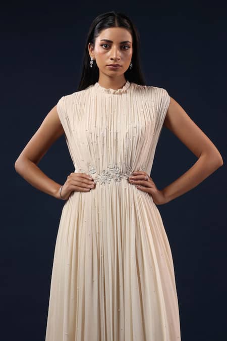 K-Anshika_Off White Georgette Beads, Sequins, Embroidery High Neck Embellished Gown _Online_at_Aza_Fashions