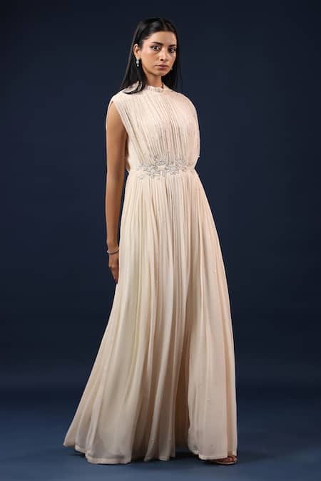 Shop_K-Anshika_Off White Georgette Beads, Sequins, Embroidery High Neck Embellished Gown _Online_at_Aza_Fashions